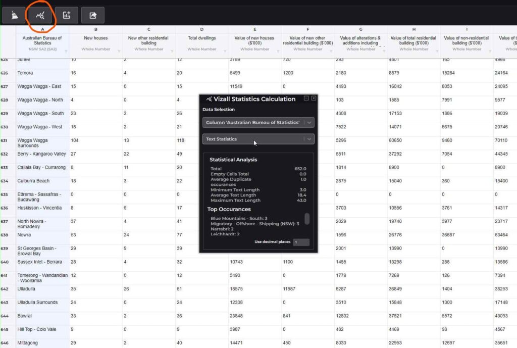 Open the View Statistics section to get a data summary showing totals, maximum and minimum values and more, or perform a text analysis.