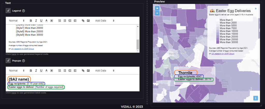 An Easter interactive map example. Customise pop-ups with dynamic data taken from your spreadsheet's columns.