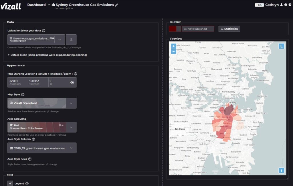 The map creator screen where you can choose which data appears on your map, change colours, labels and more.