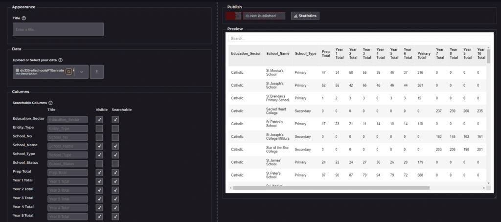 The create a searchable table screen. You can give your table a title and choose which columns are visible and searchable. 