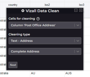 Address cleaning selected in Vizall Data Cleaner for column “Post Office Address”