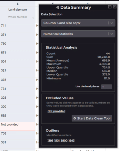 You can open the data summary (view statistics button) to see insights about your data, like Averages, Outliers and more.